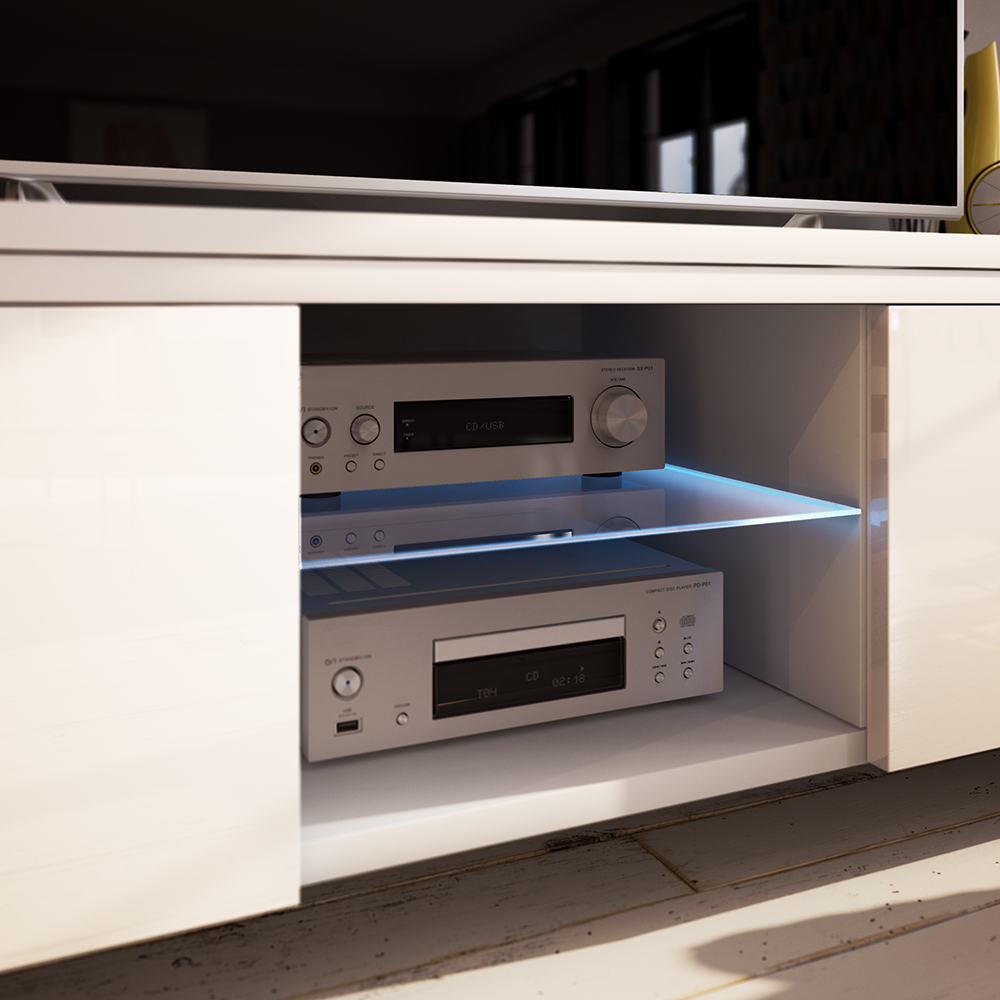 TV-Lowboard JACKSON Weiß Schwarz mit Hochglanzfronten und LED